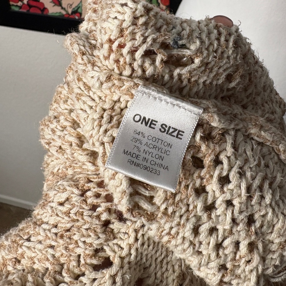 Roxy Cream & Tan Crochet Knit Cardigan with Fringe - Picture 7 of 7